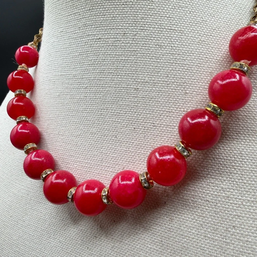 Red Bead Statement Necklace Gold Tone Chain Rhinestone Spacers Chunky Jewelry